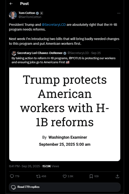 “Bold H-1B Reform Ahead: Senator Cotton Pledges to Protect American Jobs”